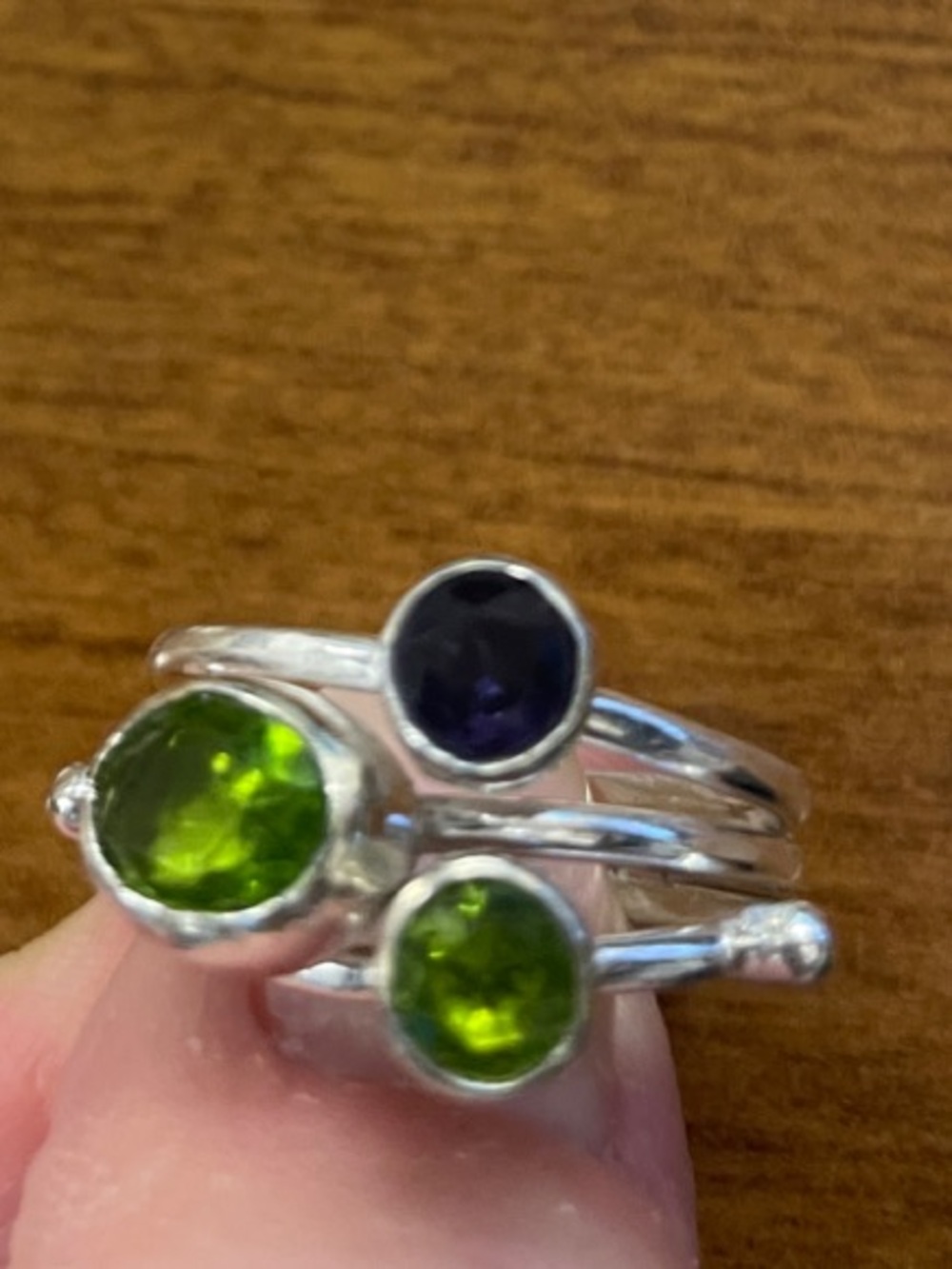 Sterling Silver Trio Gemstone Stack Ring in Green and Purple - Picture 2 of 8